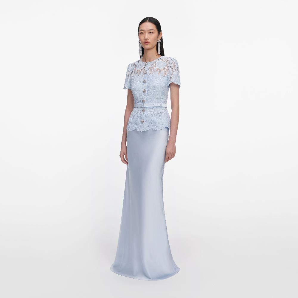 Self Portrait Blue Lace Satin Maxi Dress CLOTHING