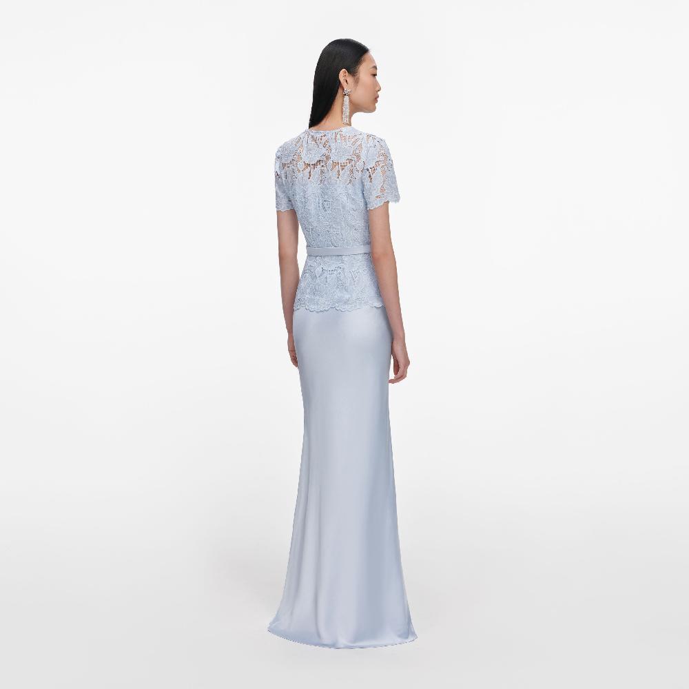 Self Portrait Blue Lace Satin Maxi Dress CLOTHING