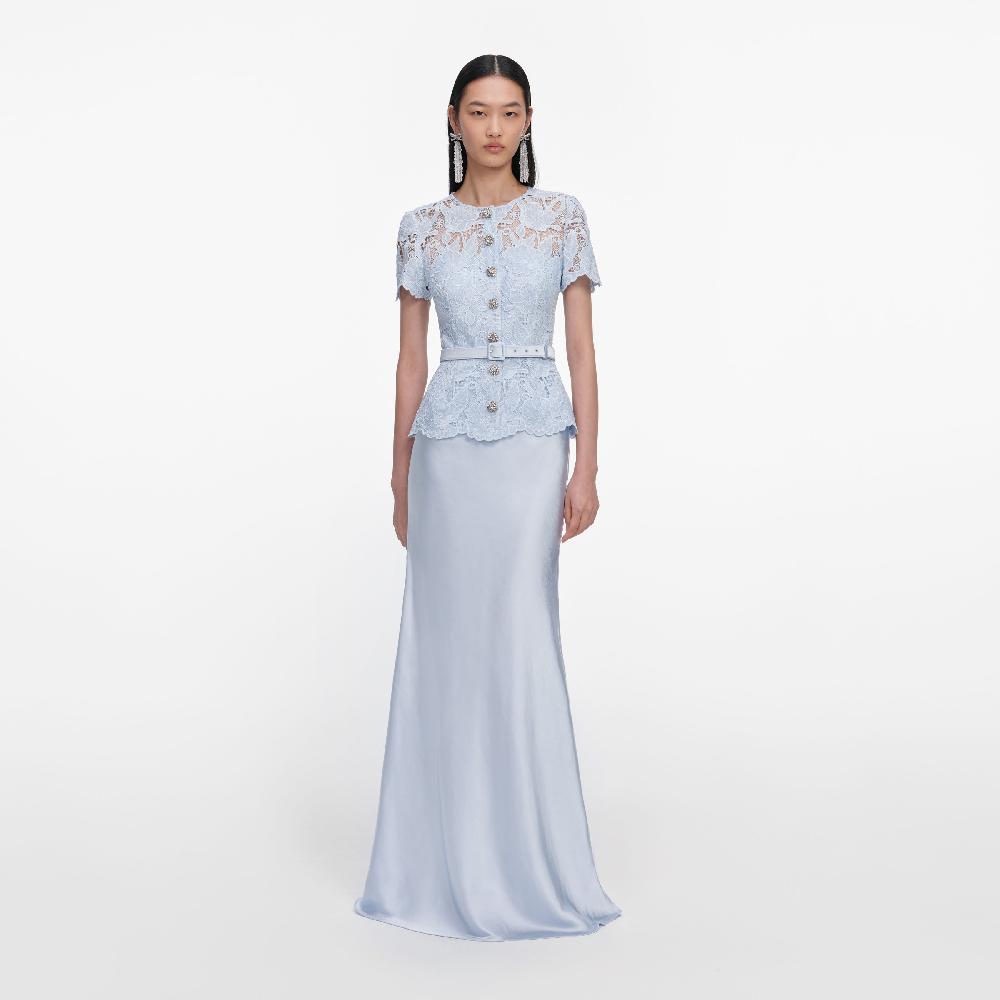 self portrait Blue Lace Satin Maxi Dress CLOTHING