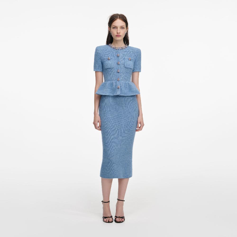 self portrait Blue Peplum Knit Midi Dress CLOTHING