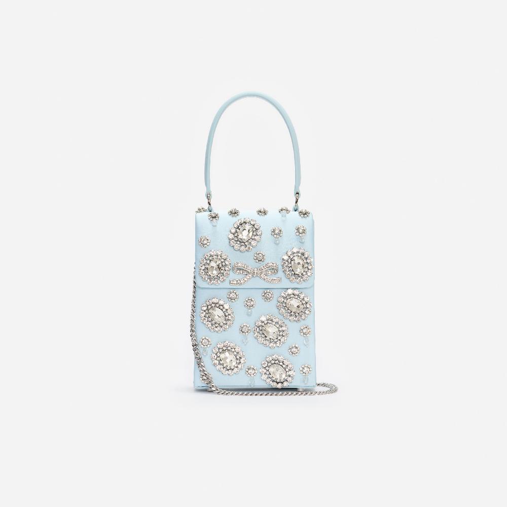 Self Portrait Blue Satin Crystal Mini Bow Bag BAGS