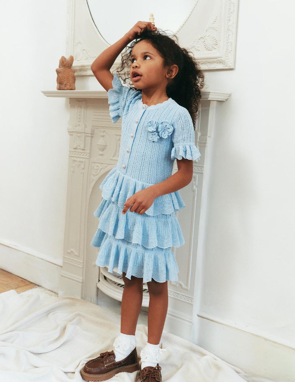 Self Portrait Blue Tiered Knit Dress KIDS