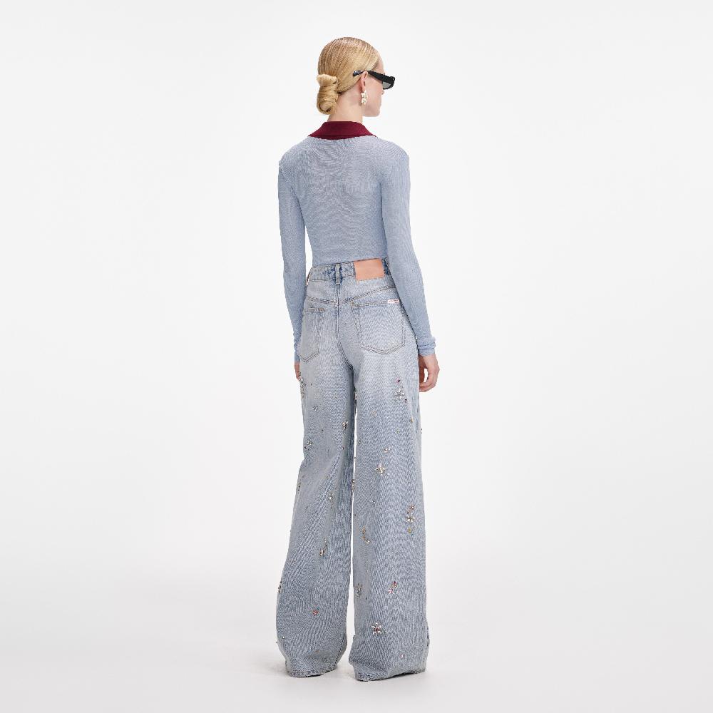 Self Portrait Blue Viscose Knit Bodysuit CLOTHING