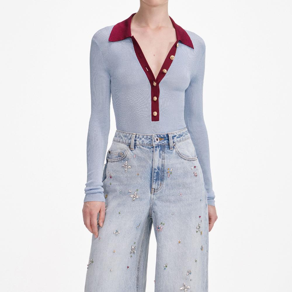 Self Portrait Blue Viscose Knit Bodysuit CLOTHING