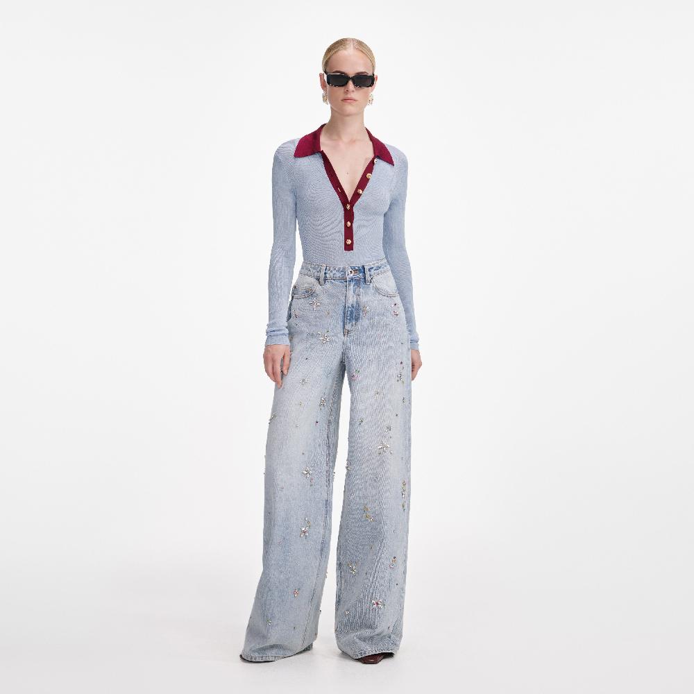 self portrait Blue Viscose Knit Bodysuit CLOTHING