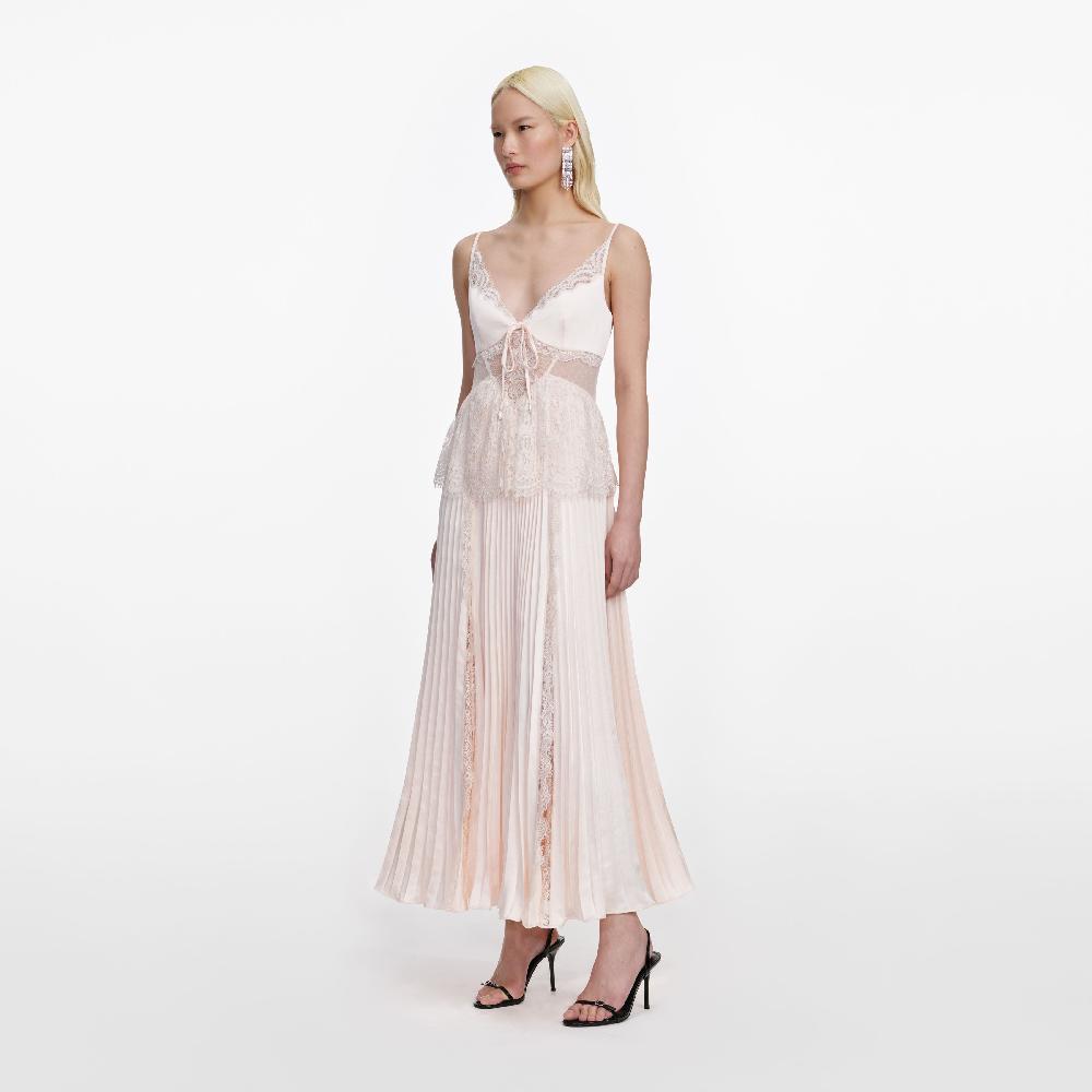 Self Portrait Blush Satin Lace Midi Dress CLOTHING