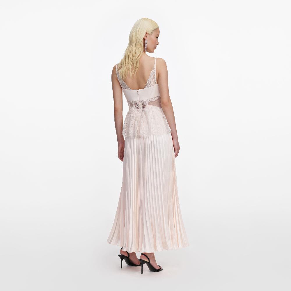 Self Portrait Blush Satin Lace Midi Dress CLOTHING