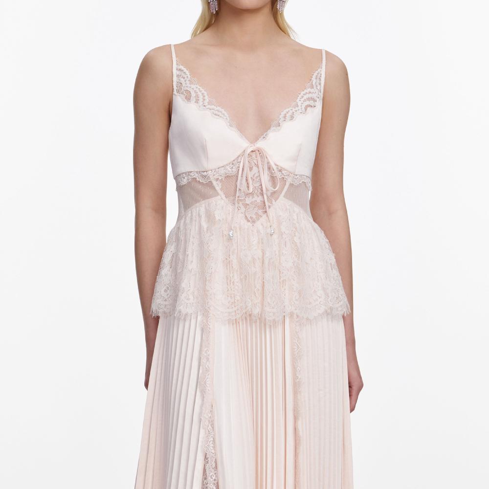 Self Portrait Blush Satin Lace Midi Dress CLOTHING