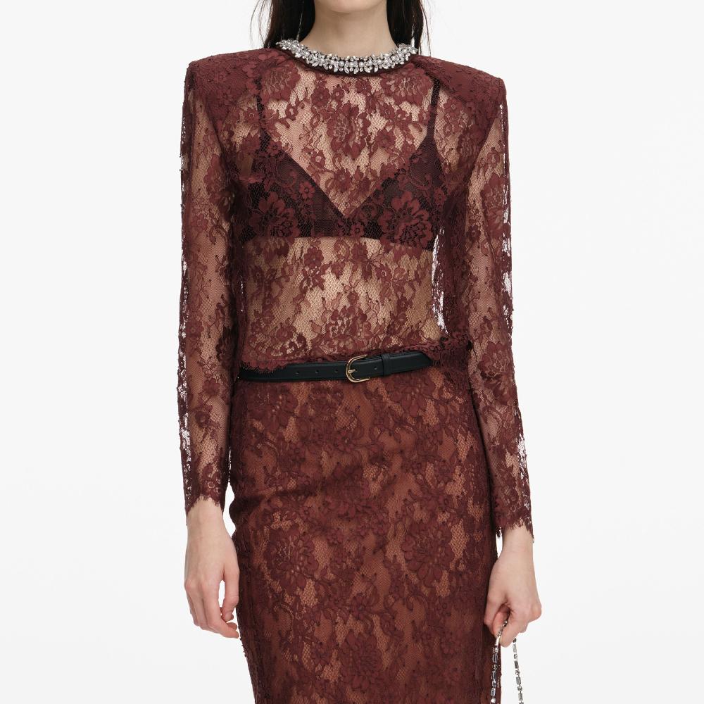 Self Portrait Brown Floral Lace Top CLOTHING