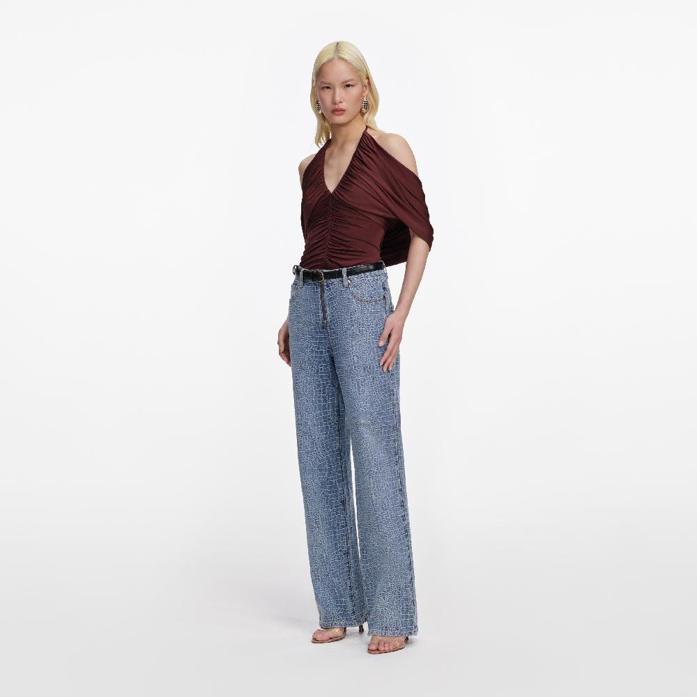 Self Portrait Brown Jersey Drape Top CLOTHING