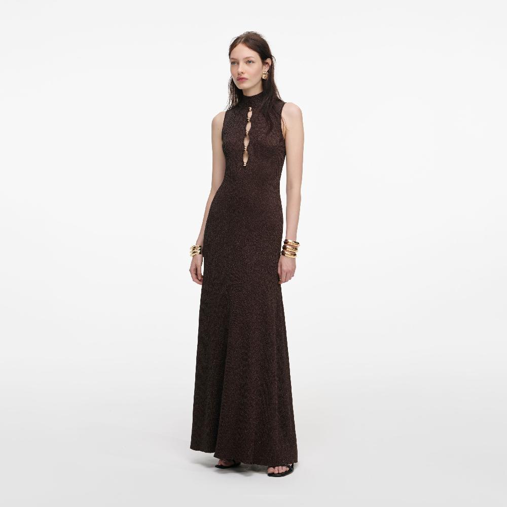 Self Portrait Brown Lurex Knit Maxi Dress CLOTHING