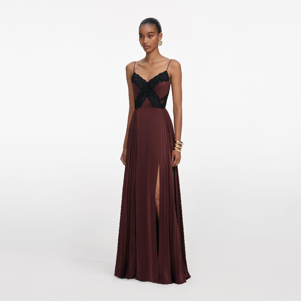 Self Portrait Brown Satin Lace Maxi Dress CLOTHING
