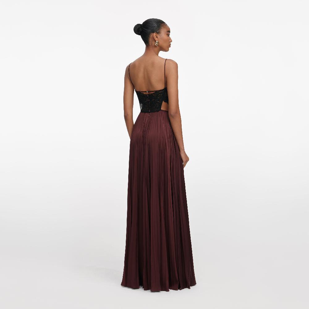 Self Portrait Brown Satin Lace Maxi Dress CLOTHING