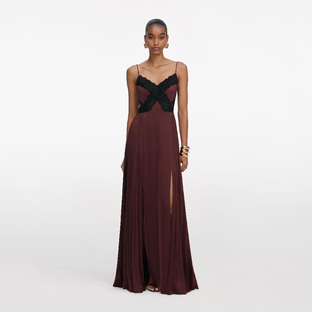 self portrait Brown Satin Lace Maxi Dress CLOTHING