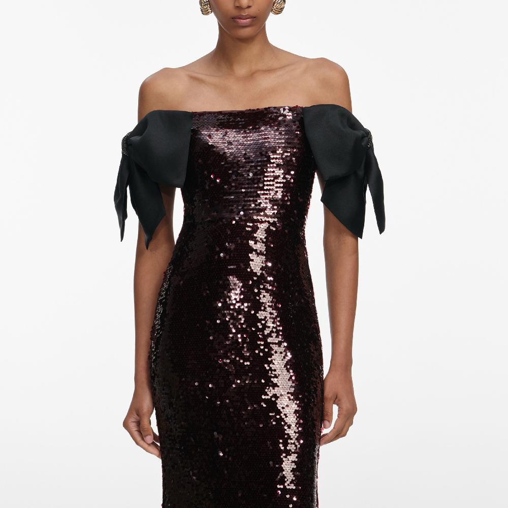 Self Portrait Brown Sequin Bow Maxi Dress CLOTHING