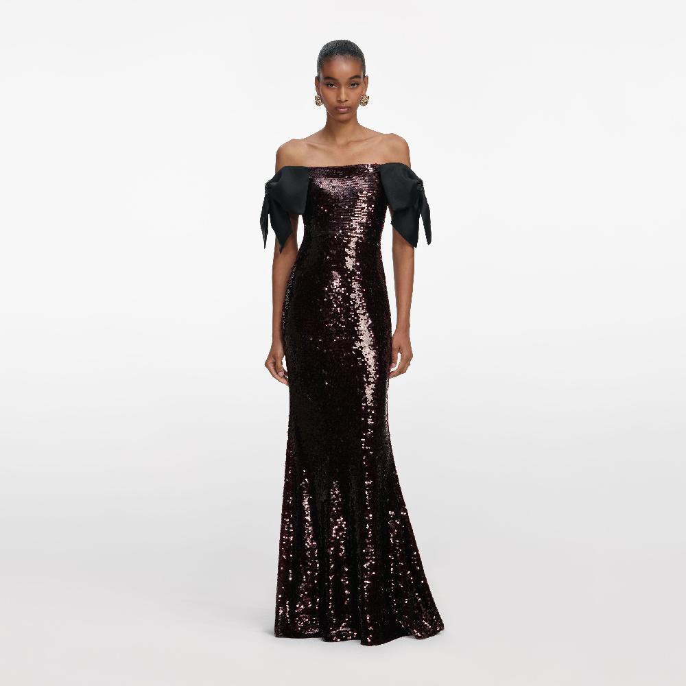 self portrait Brown Sequin Bow Maxi Dress CLOTHING