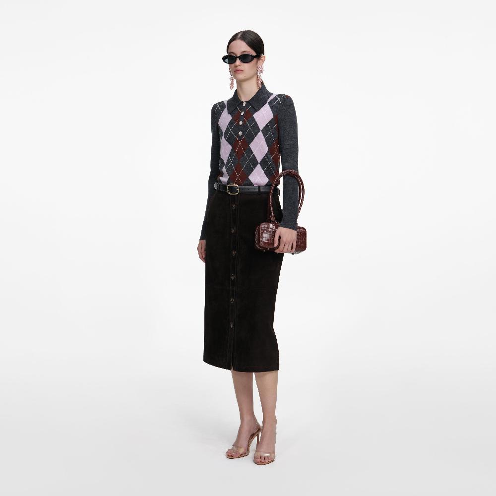 Self Portrait Brown Suede Midi Skirt CLOTHING