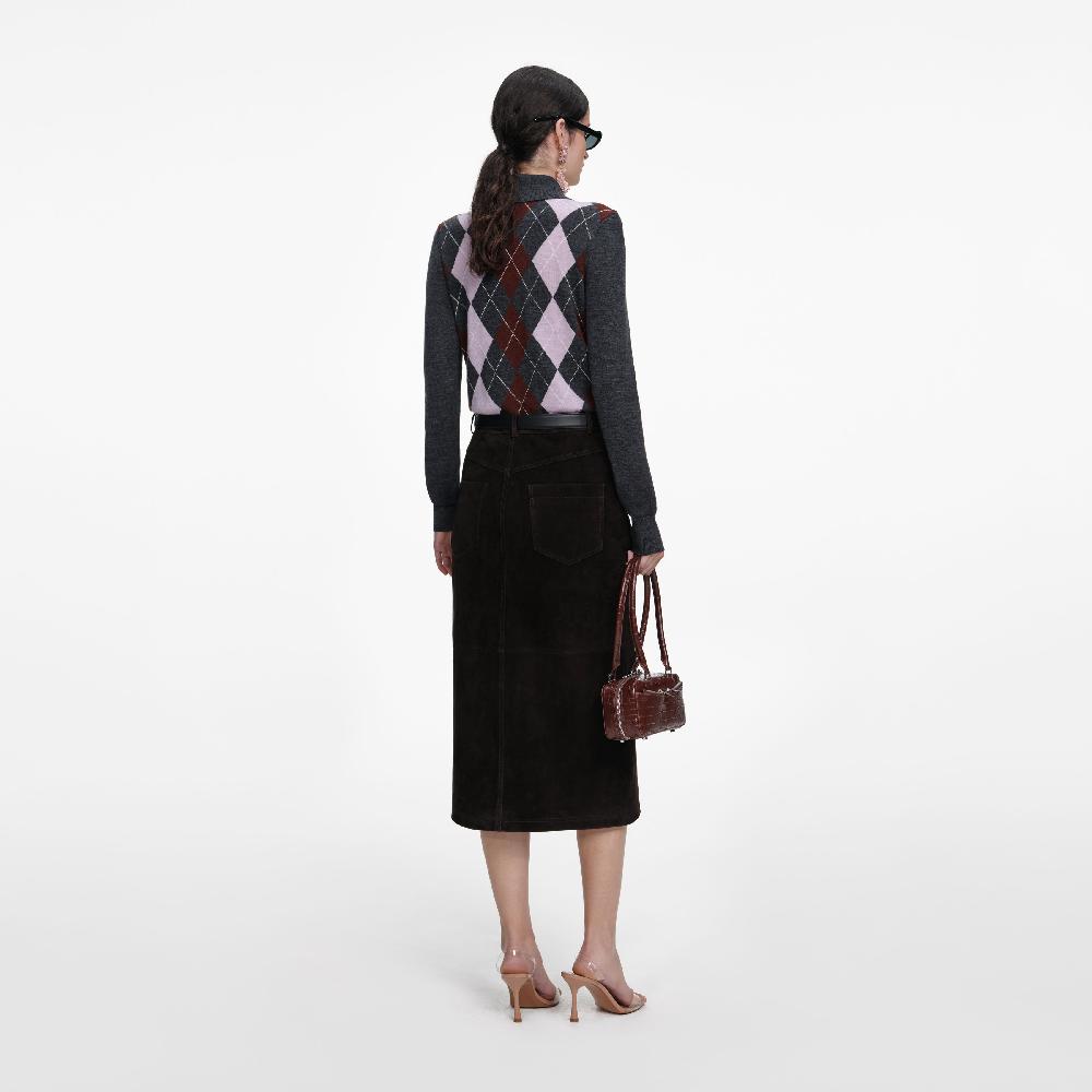 Self Portrait Brown Suede Midi Skirt CLOTHING