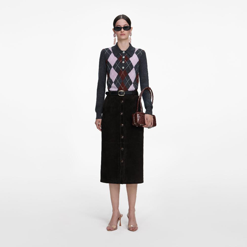 Self Portrait Brown Suede Midi Skirt CLOTHING