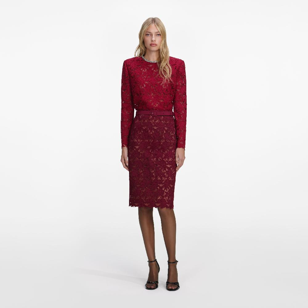 Self Portrait Burgundy Lace Crystal Top CLOTHING