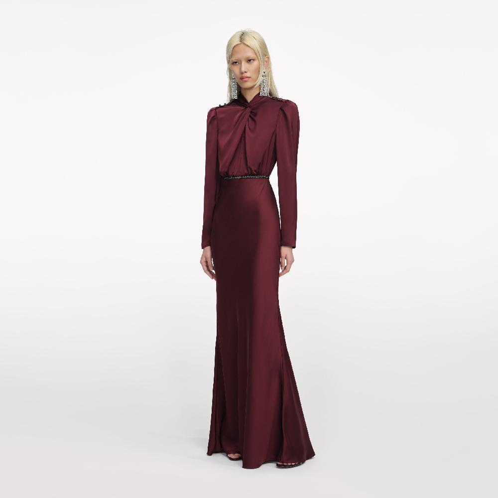 Self Portrait Burgundy Satin Maxi Dress CLOTHING