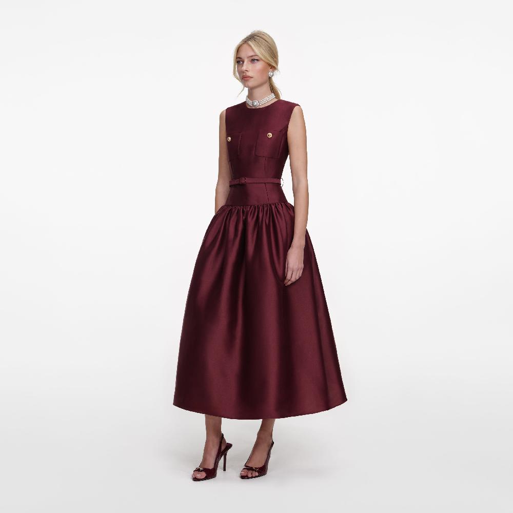 Self Portrait Burgundy Taffeta Midi Dress CLOTHING