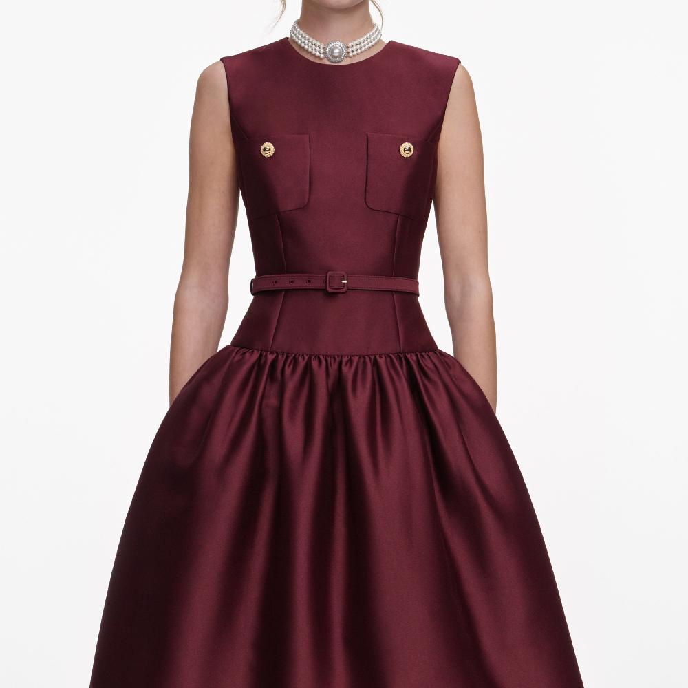 Self Portrait Burgundy Taffeta Midi Dress CLOTHING