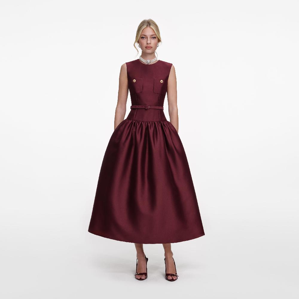 self portrait Burgundy Taffeta Midi Dress CLOTHING