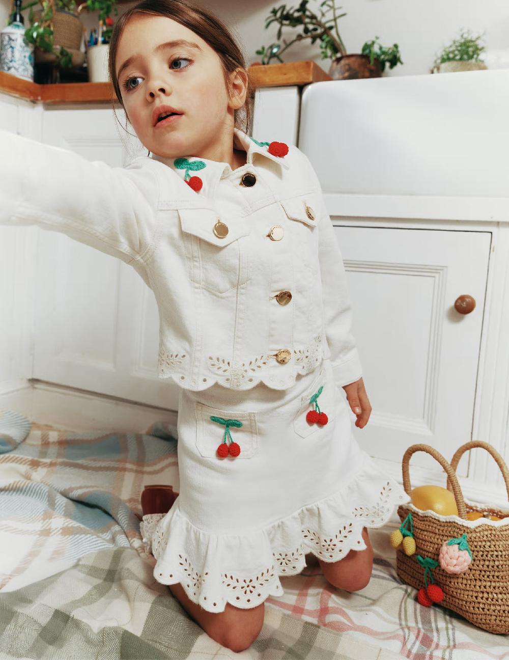 Self Portrait Cream Denim Cherry Motif Jacket KIDS
