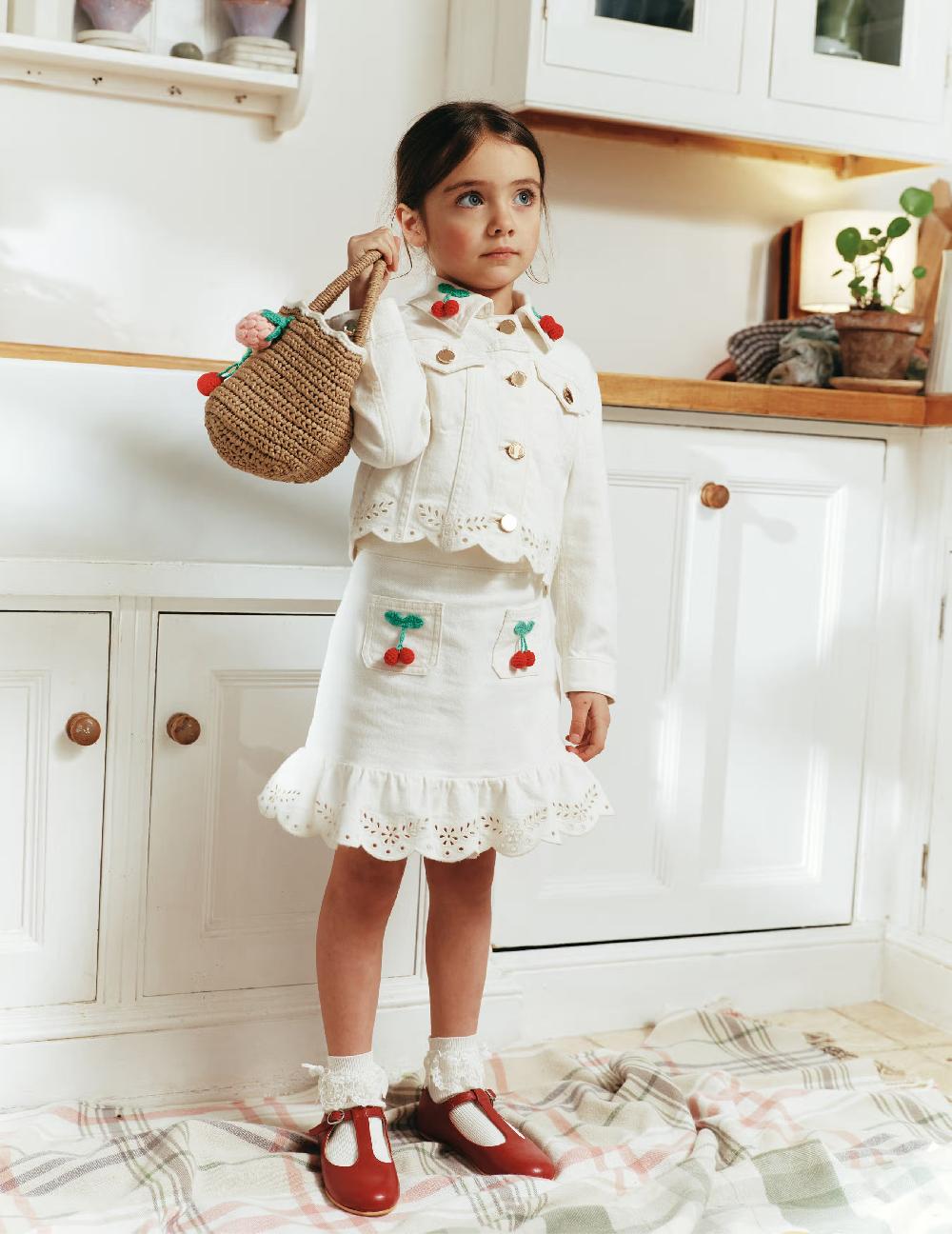 Self Portrait Cream Denim Cherry Motif Skirt KIDS