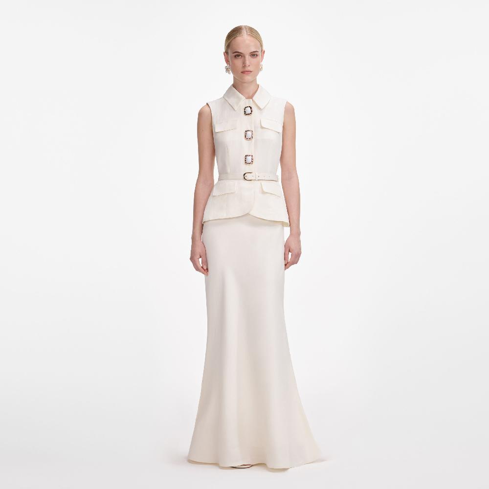 self portrait Cream Linen Maxi Dress CLOTHING