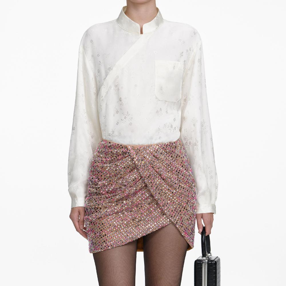 Self Portrait Cream Satin Jacquard Blouse CLOTHING