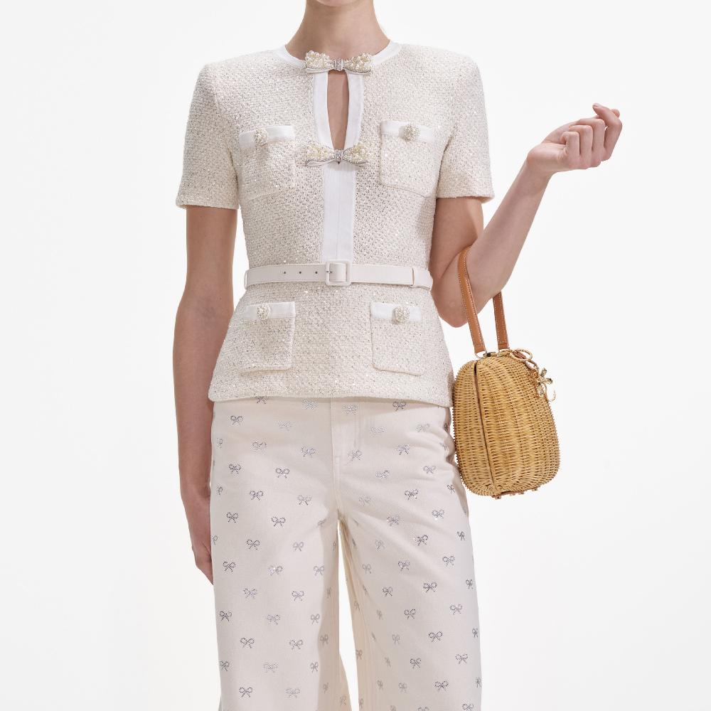 Self Portrait Cream Sequin Knit Top CLOTHING