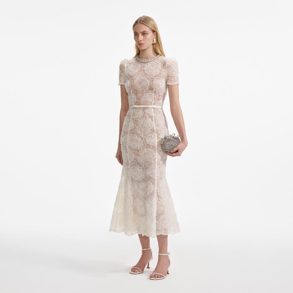 Self Portrait Cream Tulle Lace Midi Dress CLOTHING