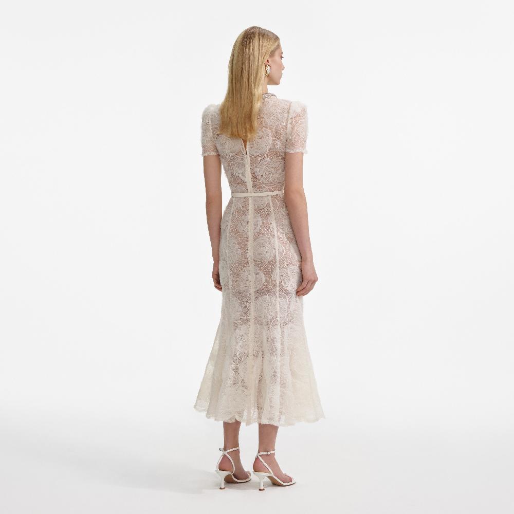 Self Portrait Cream Tulle Lace Midi Dress CLOTHING