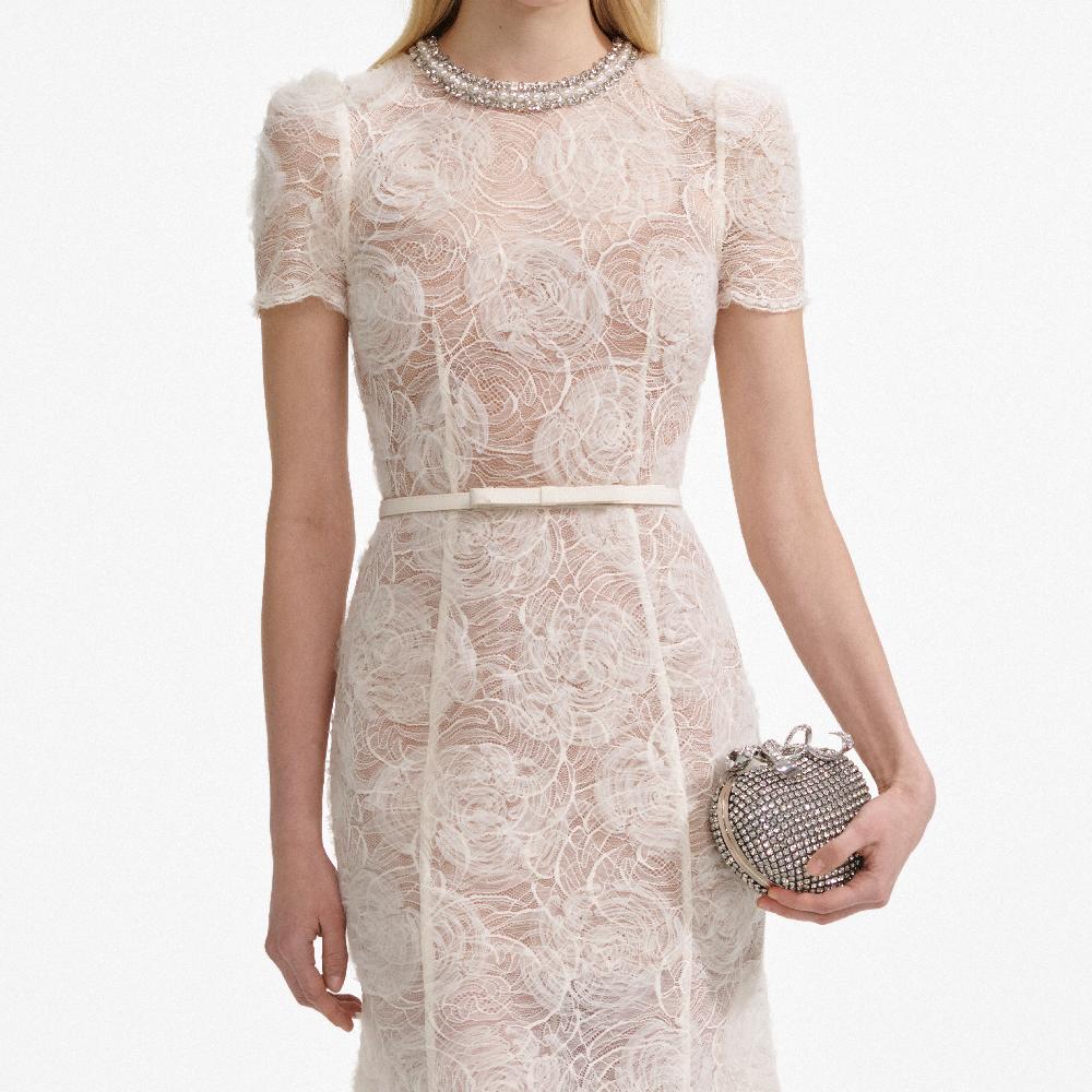 Self Portrait Cream Tulle Lace Midi Dress CLOTHING
