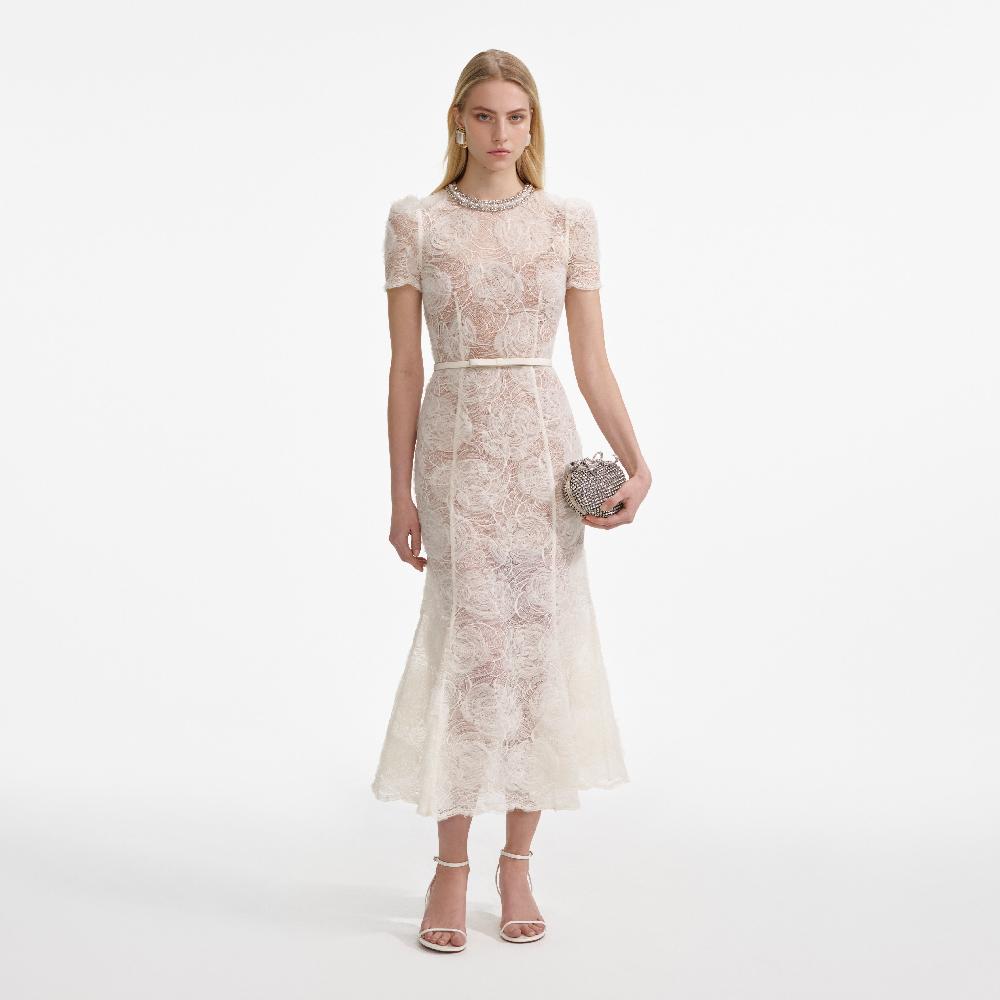 self portrait Cream Tulle Lace Midi Dress CLOTHING