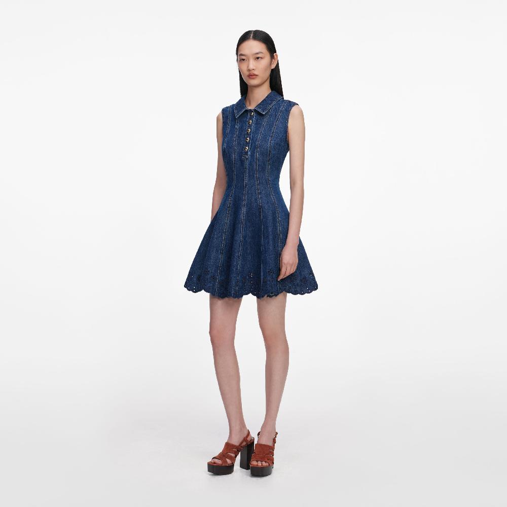 Self Portrait Denim Broderie Mini Dress CLOTHING