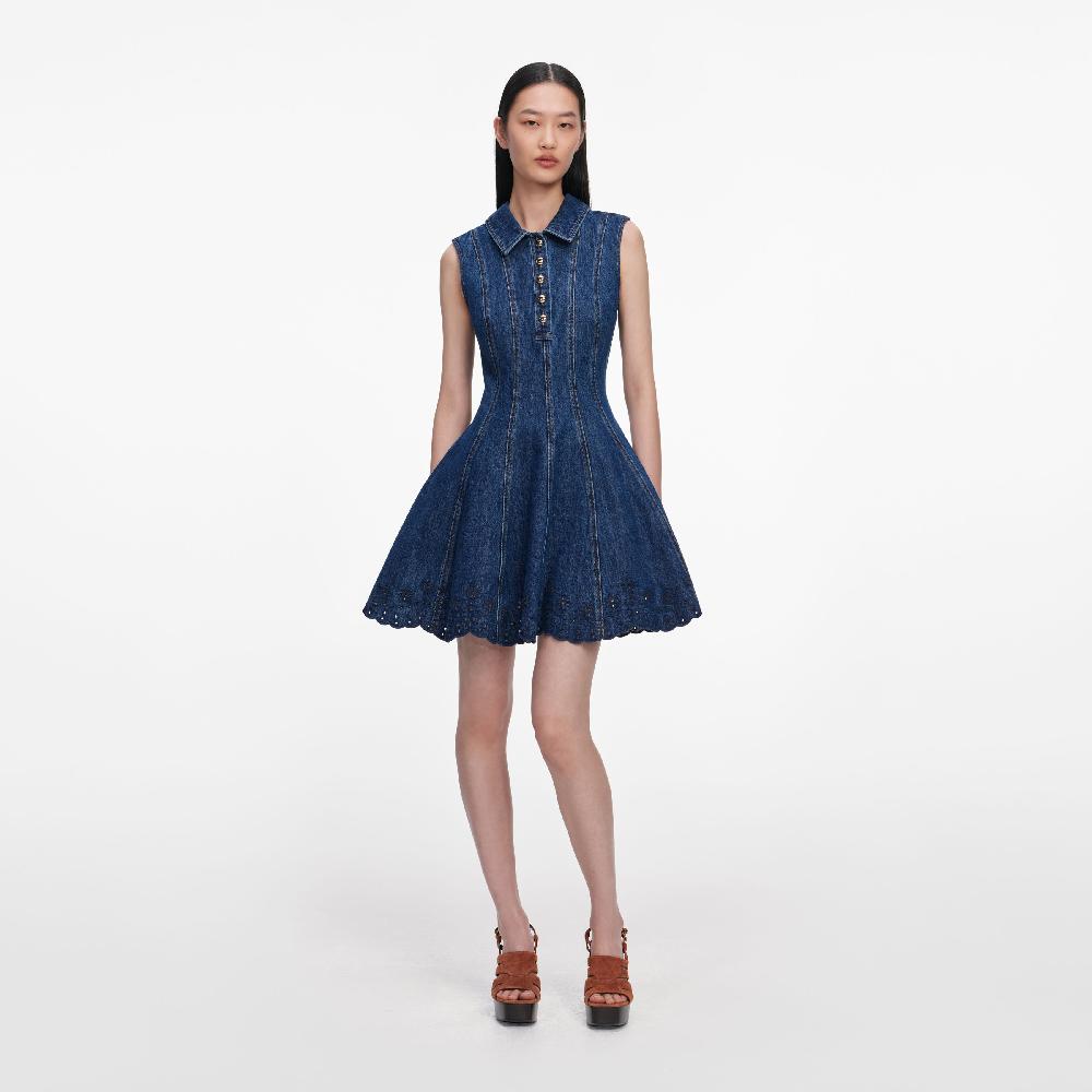 self portrait Denim Broderie Mini Dress CLOTHING