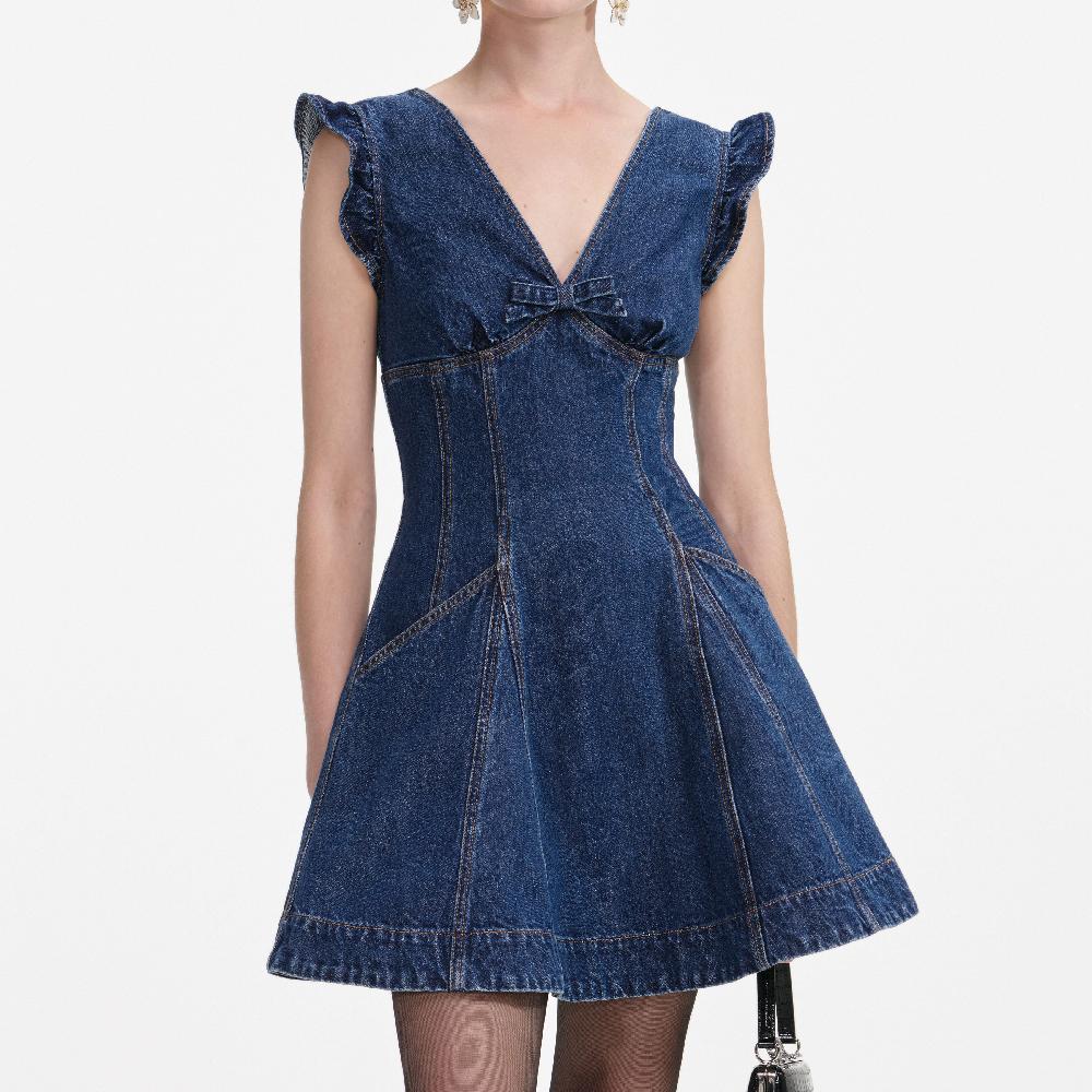 Self Portrait Denim Flared Bow Mini Dress CLOTHING