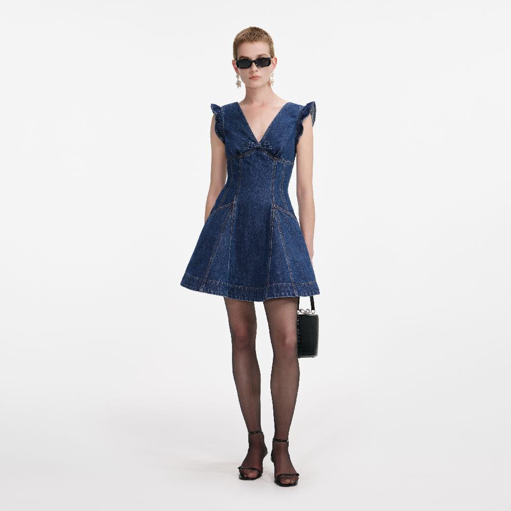 self portrait Denim Flared Bow Mini Dress CLOTHING