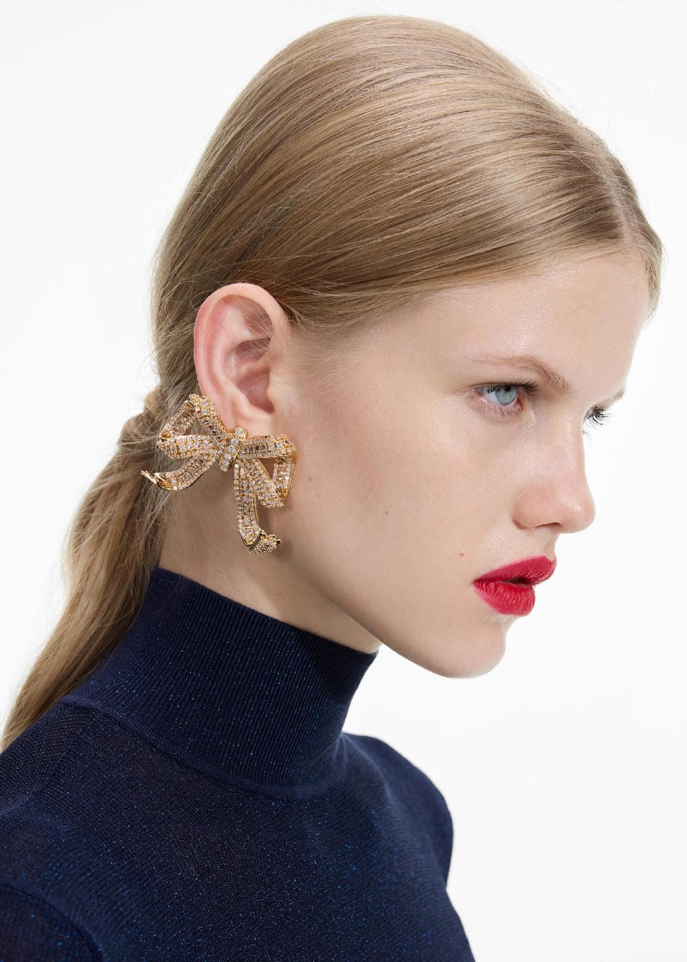 Self Portrait Gold Crystal Bow Earrings JEWELLERY