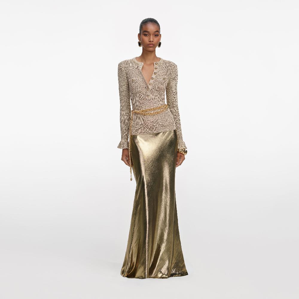 self portrait Gold Metallic Maxi Skirt CLOTHING