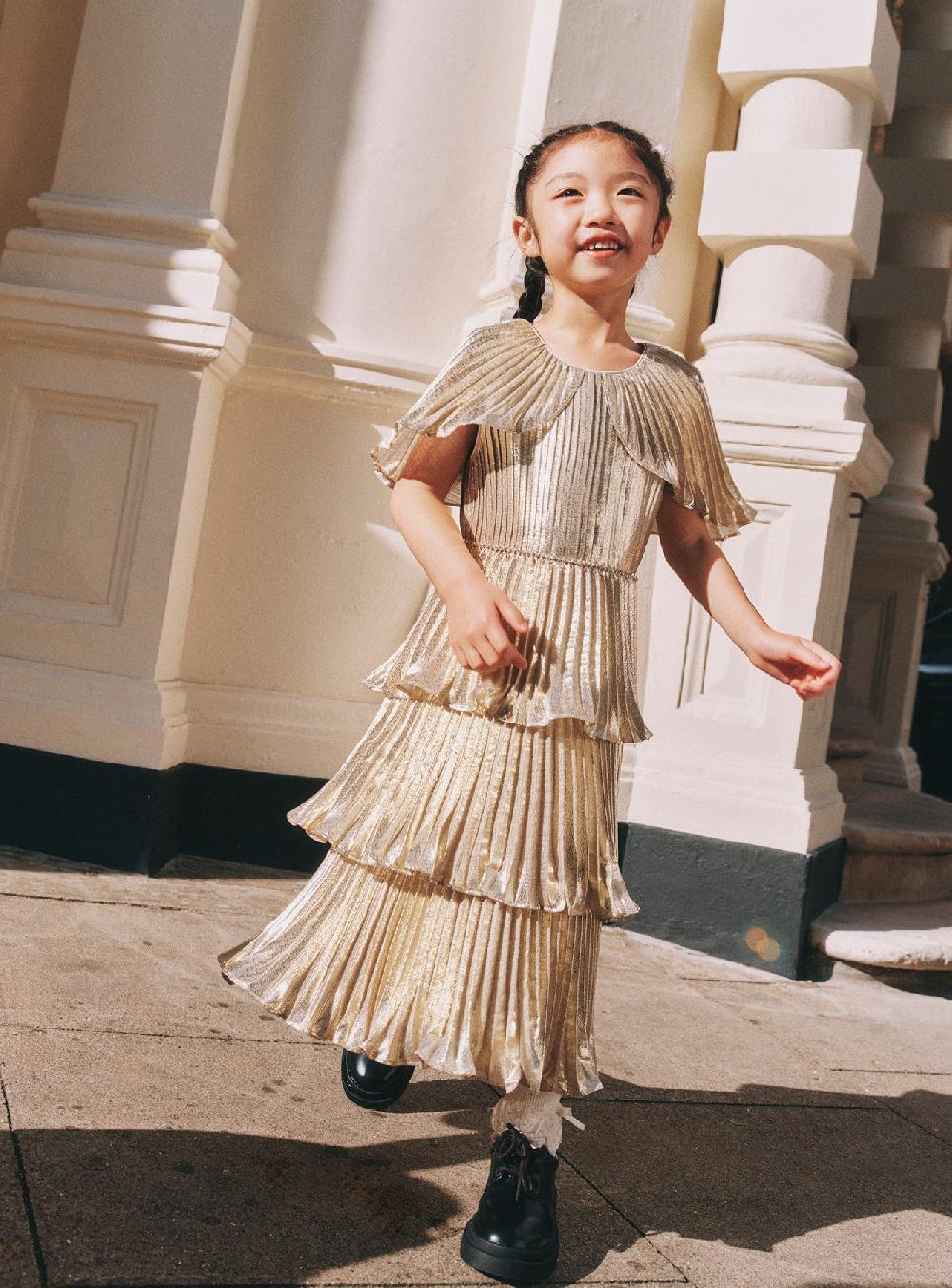 Self Portrait Gold Metallic Tiered Dress KIDS