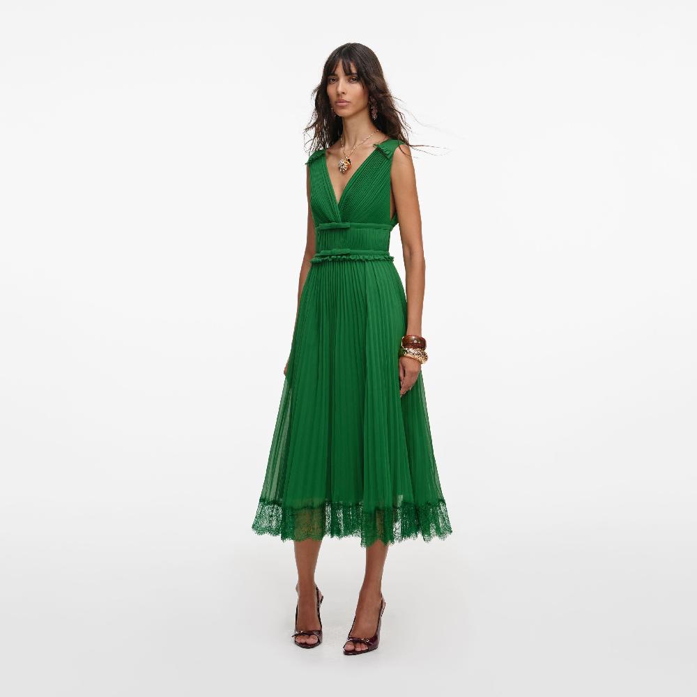 Self Portrait Green Chiffon Midi Dress CLOTHING