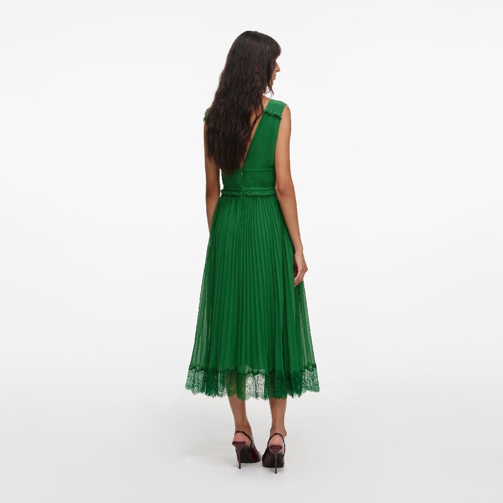 Self Portrait Green Chiffon Midi Dress CLOTHING