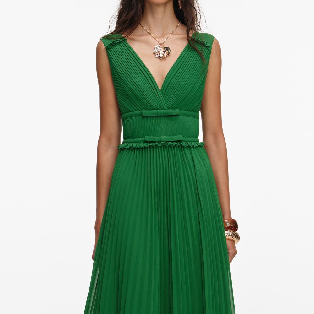 Self Portrait Green Chiffon Midi Dress CLOTHING