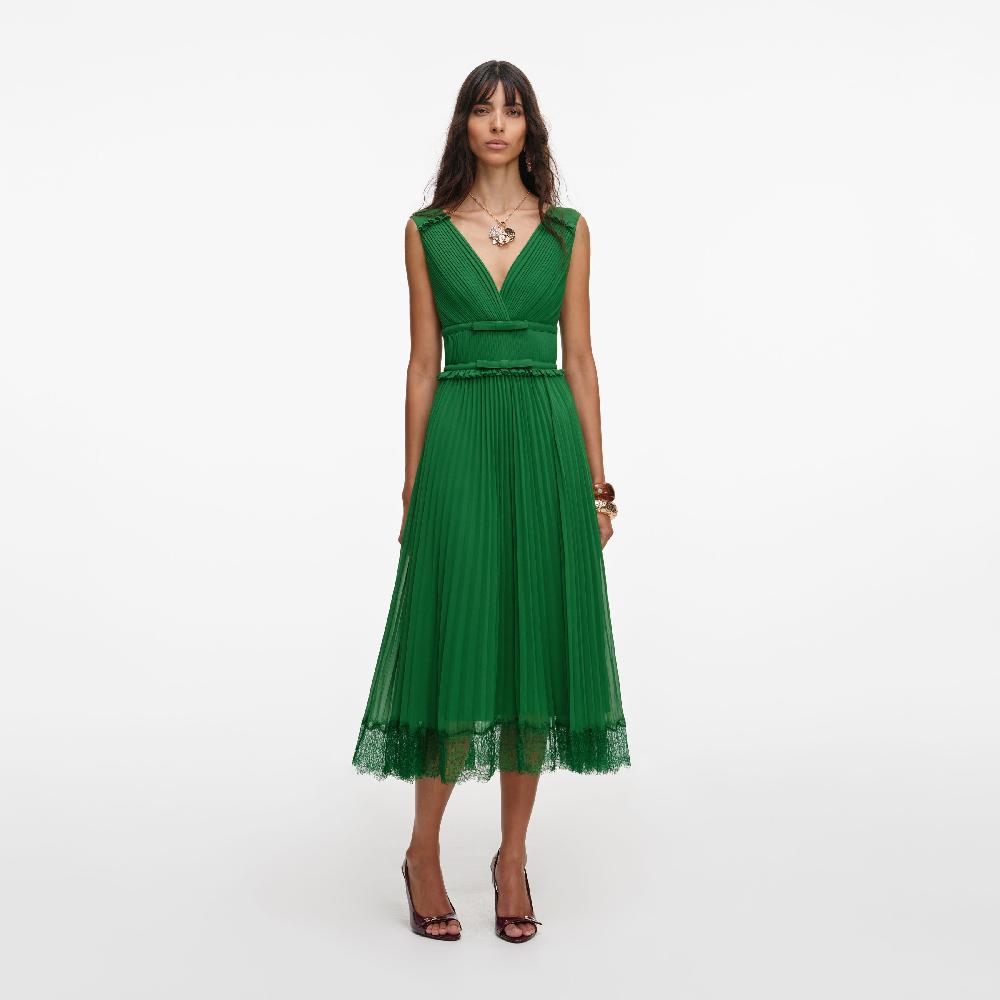self portrait Green Chiffon Midi Dress CLOTHING