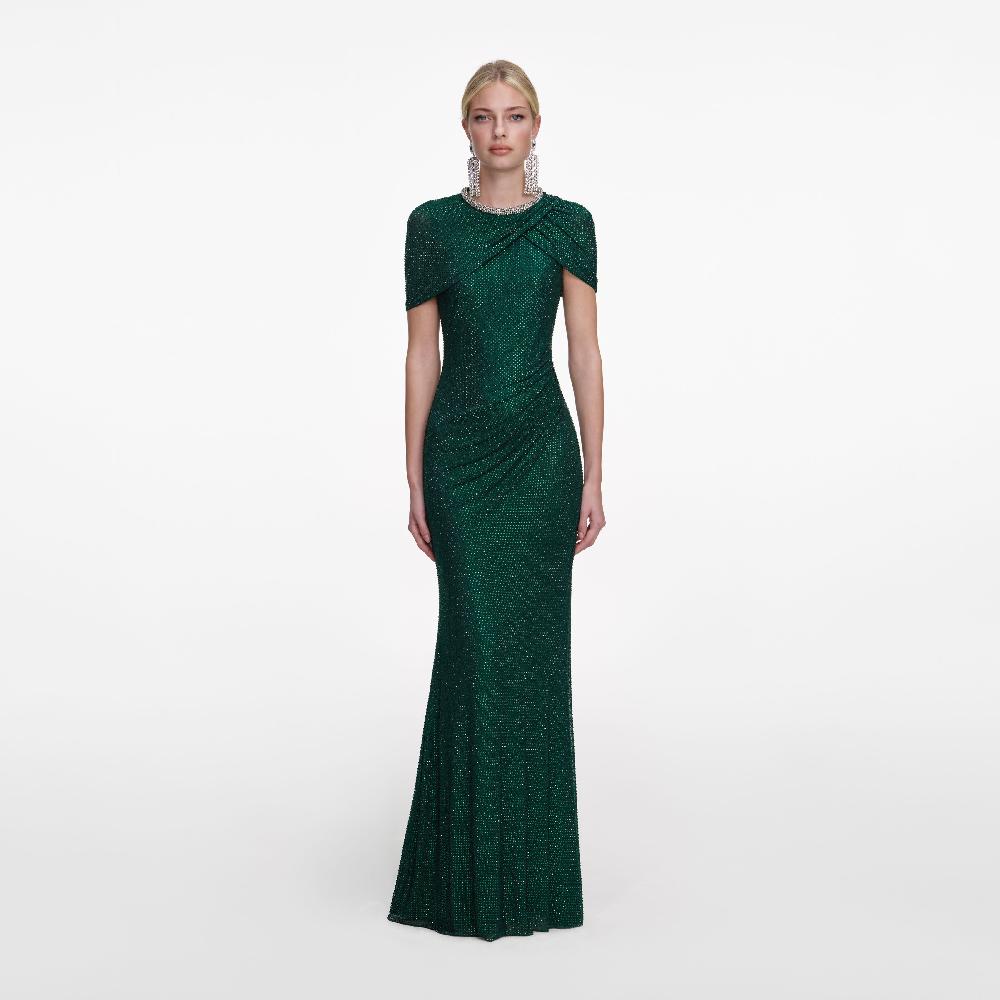self portrait Green Rhinestone Maxi Dress CLOTHING