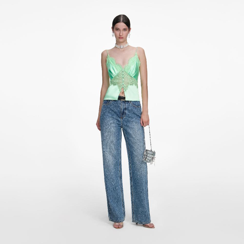 self portrait Green Satin Lace Top CLOTHING